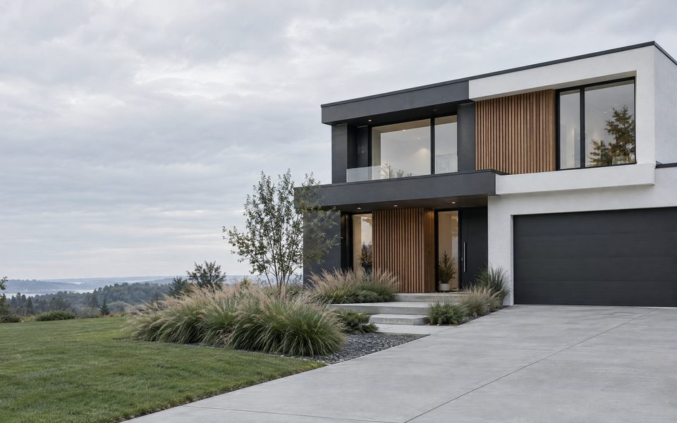 Modern charcoal and wood two-story home