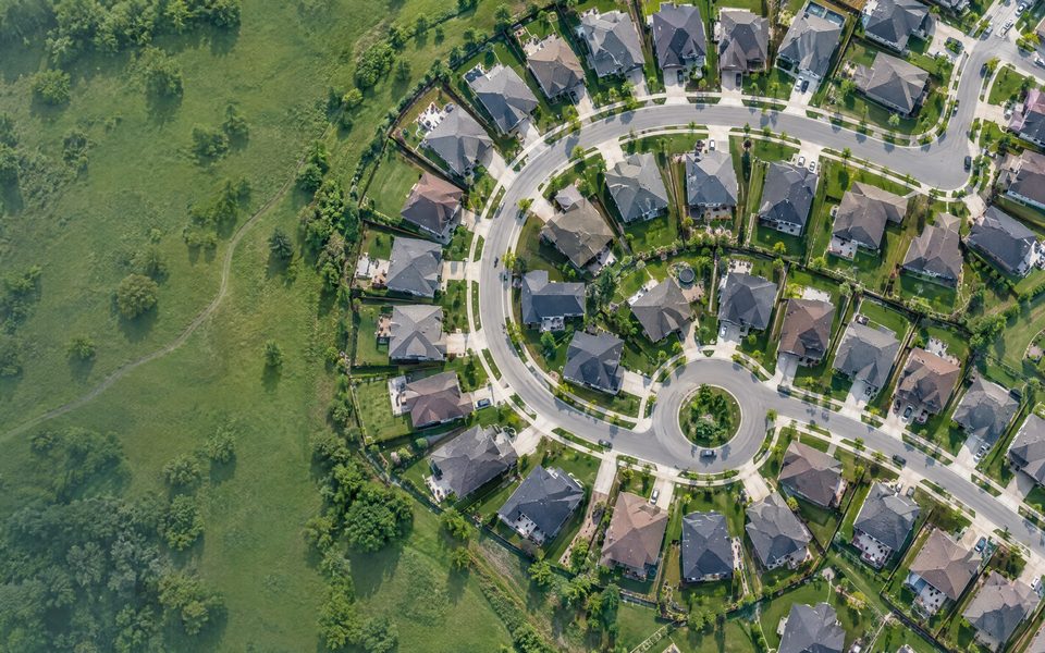 Aerial view of a residential neighborhood